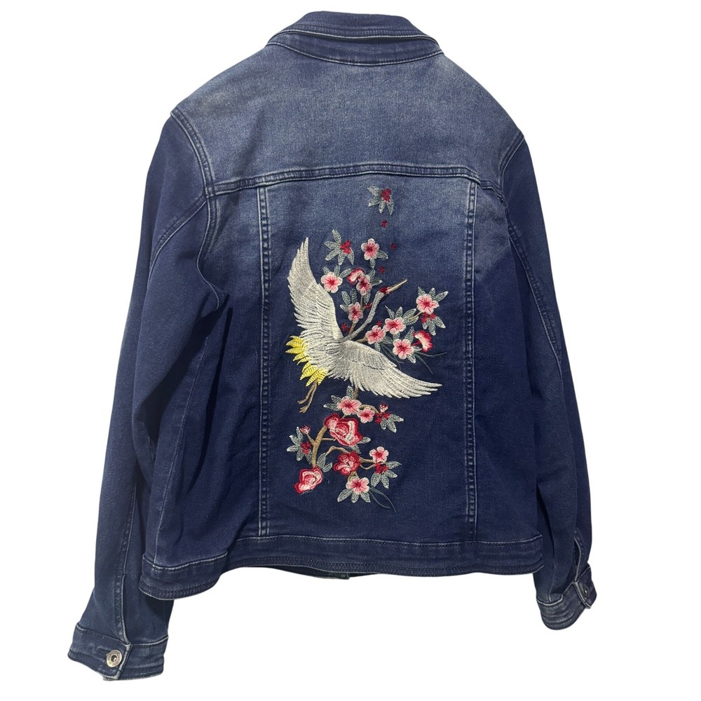 DG Diane Gilman Embroidered Crane Floral Blue Denim Jacket Womens Medium Stretch